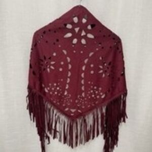 Fringed Cutout Shawl Wrap in Burgundy